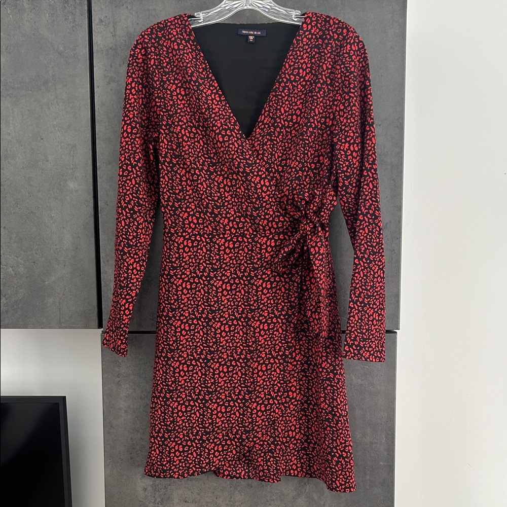 Skies Are Blue V-Neck Wrap Tie Red Black Long Sleeve Dress polyester Women’s XS - Picture 2 of 6